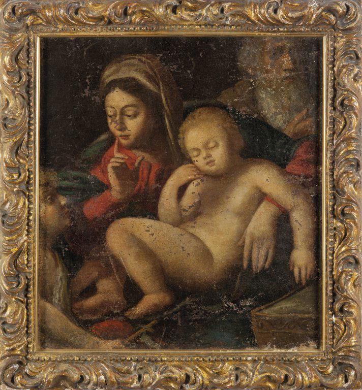Scuola Bolognese sec.XVII "Sacra Famiglia": Scuola Bolognese sec.XVII "Sacra Famiglia" olio nel retro antica scritta Annibale Carracci dipinse a Bologna verso il 1637 cm. 52x58
