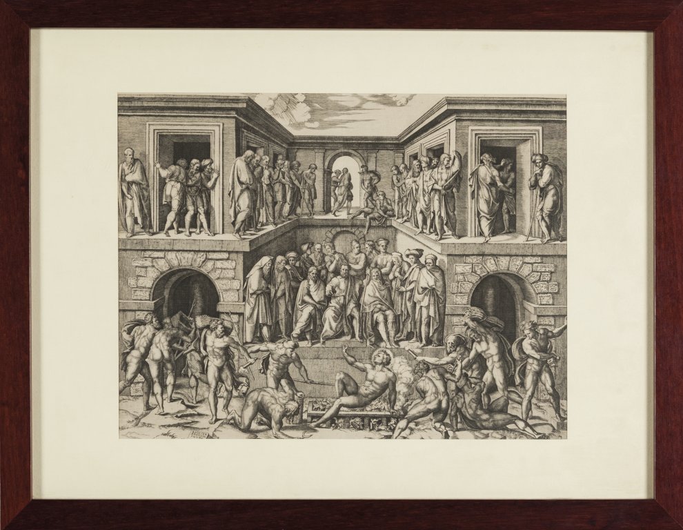 BANDINELLI BARTOLOMEO detto BACCIO (1488-1560): BANDINELLI BARTOLOMEO detto BACCIO (1488-1560) "Il martirio di San Lorenzo" stampa cm. 28,5x21,5