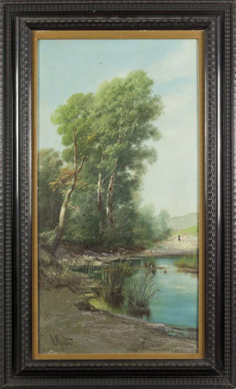 HENRY MARKO' (1855-1921) Paesaggio con: HENRY MARKO' (1855-1921) Paesaggio con fiume olio cm.50x100 f.to in b. a s.