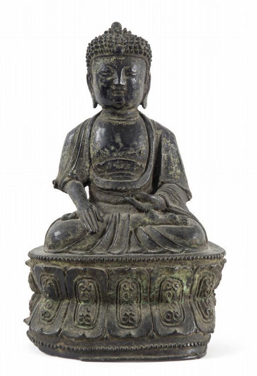 Budda seduto su fiore di loto in bronzo brunito, (1 of 5)