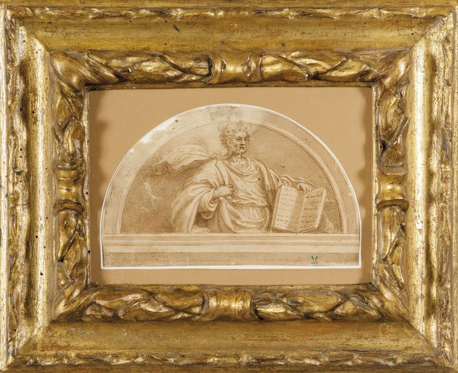 FRANCESCO VANNI (1563-1610) "Lunetta con: FRANCESCO VANNI (1563-1610) "Lunetta con Santo Evangelista" disegno su carta, bella cornice Luigi XIV in legno intagliato e dorato, nel retro scritta "Garofalo" cm. 22x14