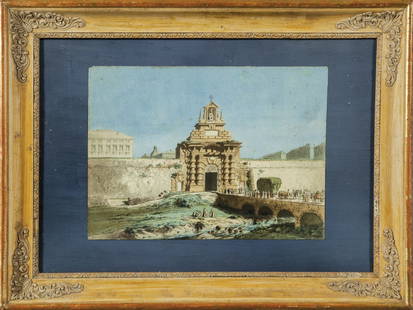 IPPOLITO CAFFI (1809-1866) "Genova, veduta: IPPOLITO CAFFI (1809-1866) "Genova, veduta della Porta della Pila e del Ponte sul Bisagno" incisione acquarellata cm. 27x19,5