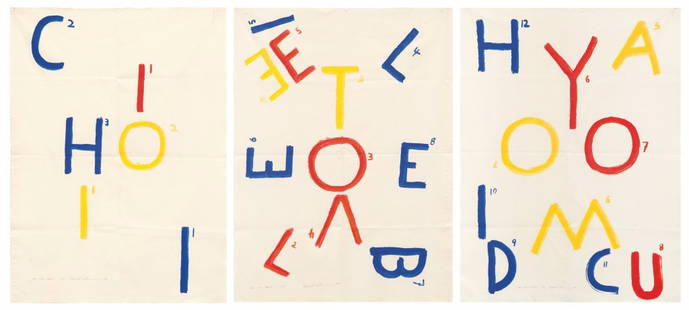 EMMETT WILLIAMS (1925-2007) First Love: EMMETT WILLIAMS (1925-2007) First Love I-II-III 1983 tre prototipi su tela cm 105x77 (cad.) cm 105x231 esemplari 10/15 firmato, datato, titolato e numerato in basso a sinistra First Love I-II-III 1983