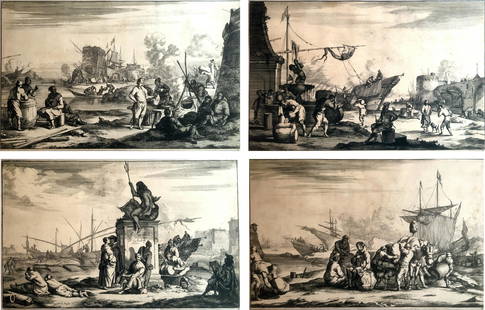 Set of 4: Antony Van Zylvelt Engravings: (1) People on a local port (2) Merchants unloading the goods (3) Local merchants resting by a monument (4) Merchants loading goods in a horse 9 1/4 x 14 1/2" (each)