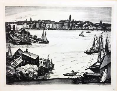 Lester George Hornby Lithograph: Gloucester Harbour 15"x19"