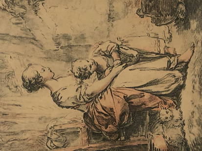 Gilles-Antoine Demarteau Print (After Boucher): Woman and Child before a Fireplace - 10 x 7-1/2"