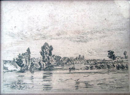 Charles Jacque Etching: Landscape. 1844 - 8" x 11 3/4"