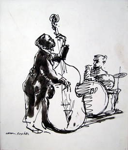 Aaron Sopher Ink wash: Musicians playing their instruments - 9 x 7 1/2"