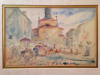 Walter Shirlaw Watercolor: Market Place, Spain - 13 1/4 x 10 1/2"