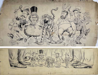 Set of 2 Frederick Burr Opper Cartoon Drawing: (1) Political comic (2) "Reduce to 11 inches" - (1) 9-1/4 x 20" (2) 5 x 20"