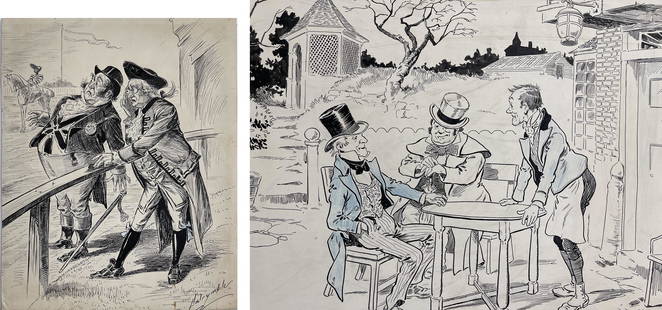 Set of 2: Cartoon Drawings by Louis Dalrymple and Louis: (1) Two men at horse race (2) "Ye Olde Tavern" - (1) 11" x 14" (2) 11-3/4" x 16-1/4"