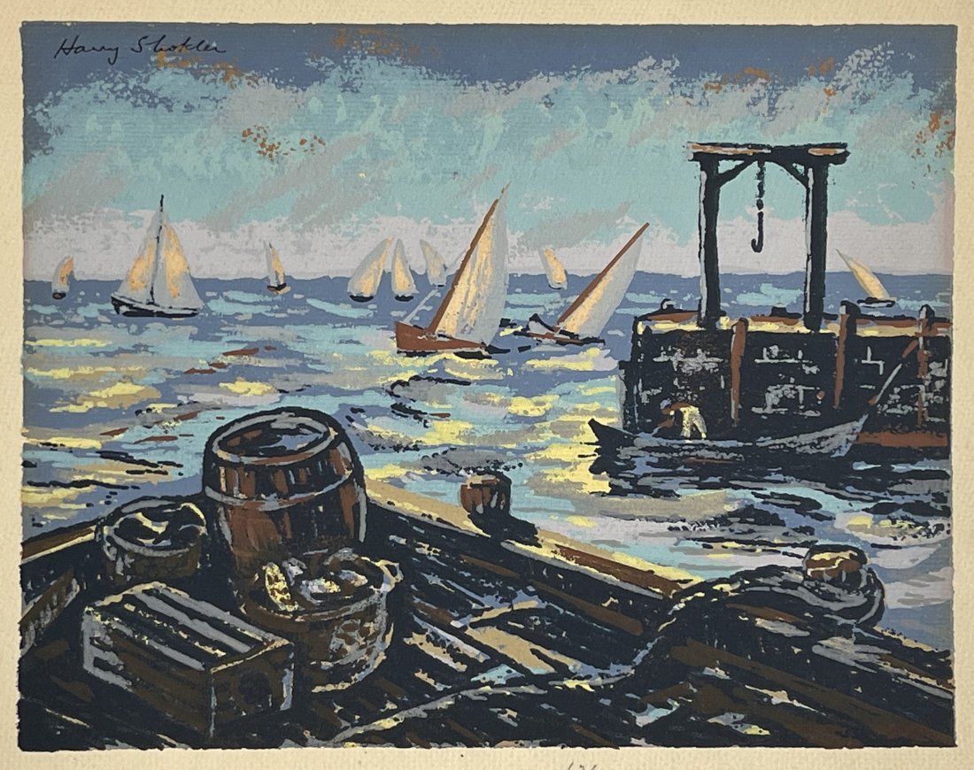 Harry Shokler Woodcut: Sail boats and pier dock - 8 3/4 x 11 1/4"