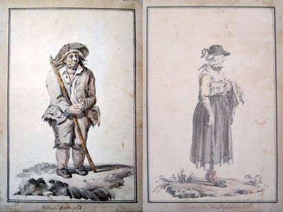 Set of 2 Sigmund Freudenberger Watercolors: Two old Savoyard peasants. Inscriptions in old french "Savoyarde des Meilleries" and "Paisan Savoyard" - 7"x5 1/2" each