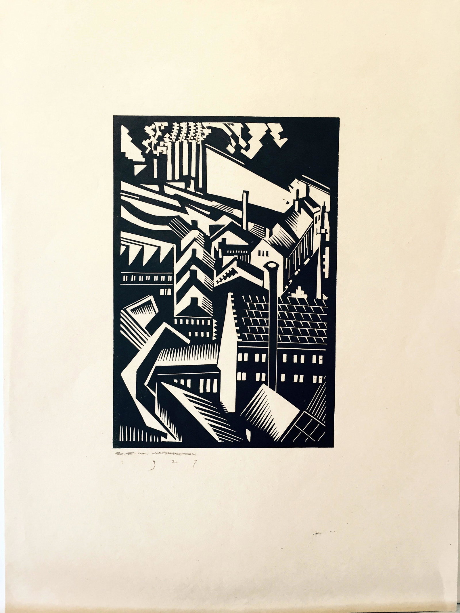 Earl Marshawn Washington Woodblock: Industrial landscape in abstract form - 18" x 12"