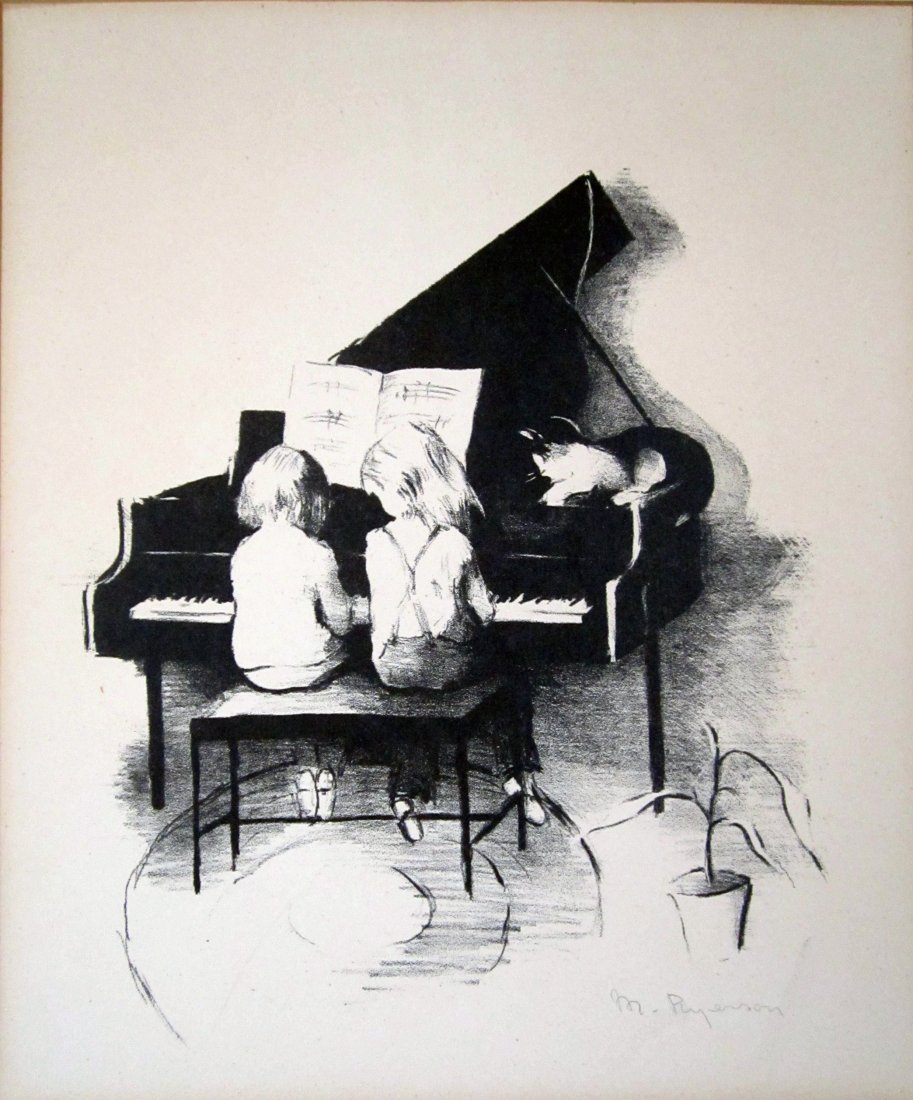 Margery Ryerson Lithograph: Girls at a grand piano - 15"x12"