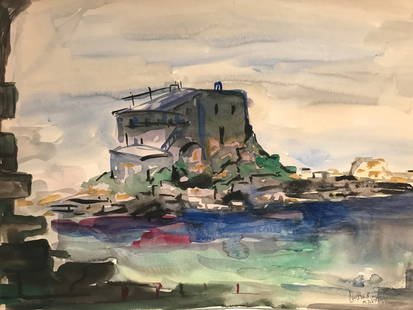 Mordechai Avniel Watercolor: Landscape. House in the background - 13 1/2 x 19 3/4"