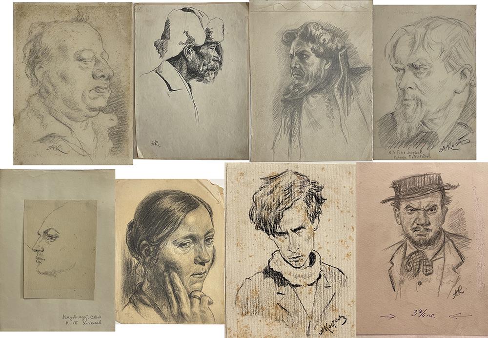 Set of 8: Drawings by Russian Artist AR (initials): Portraits of different people - (1) 8 3/4 x 6 1/2" (2) 11 1/4 x 7 3/4" (3) 10 1/2 x 8" (4) 10 1/2 x 7" (5) 7 x 5" (6) 12 1/4 x 9 1/2" (7) 4 3/4 x 3 1/2" (8) 6 x 4 1/2"