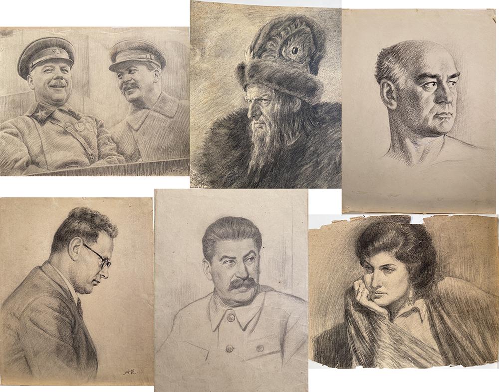 Set of 6: Drawings by Russian Artist AR (initials): Portraits of different people - (1) 11 1/2 x 14 5/8" (2) 17 1/4 x 12 3/4" (3) 16 1/4 x 12 1/2" (4) 16 5/8 x 13 5/8" (5) 13 5/8 x 9 3/4" (6) 14 1/4 x 17 7/8"
