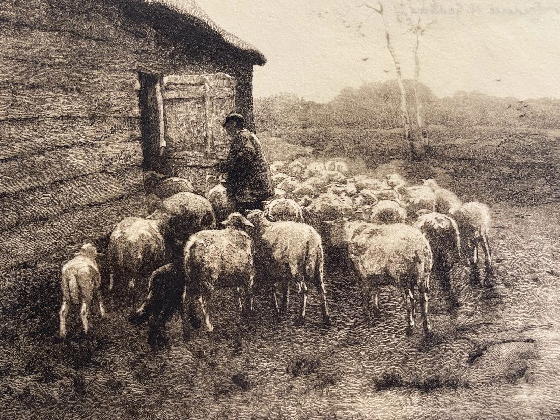 Anton Mauve Etching: Shepherd with herd of sheep in front of the stable - 9-3/4" x 13-1/4"