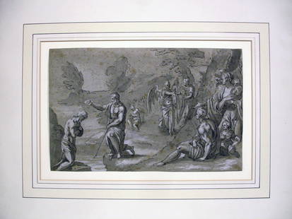 Abraham Bloemaert Old Master Drawing (Attr): Baptism of Christ - 8 1/8 x 12 1/2"