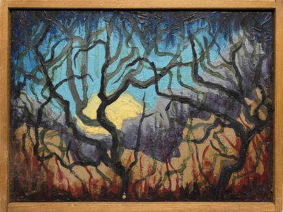 Roger Selchow Oil Painting: Crooked trees at night - Frame: 10-1/2" x 13-3/4" - Canvas: 9-1/2" x 13"