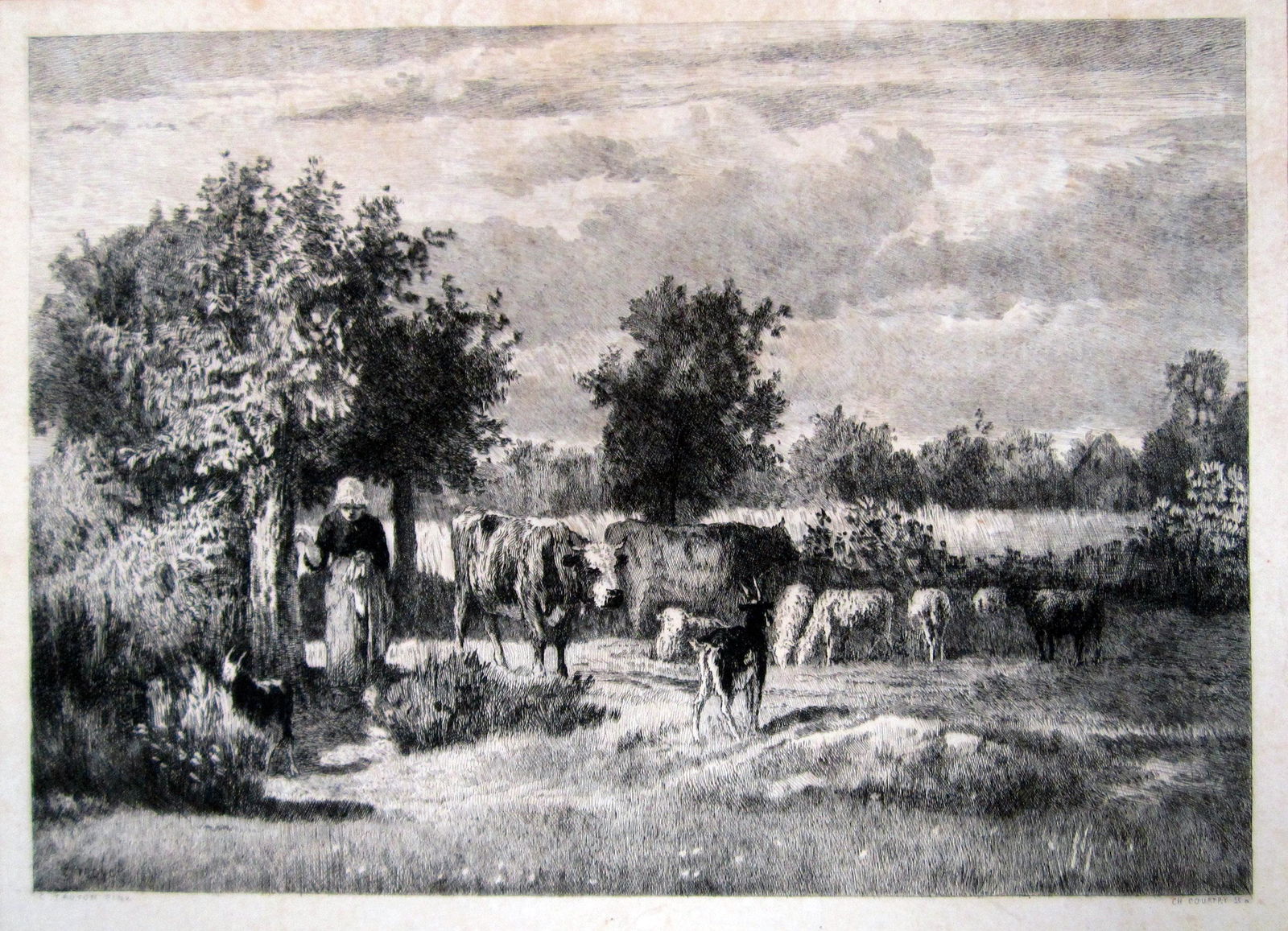Constant Troyon Drypoint: A Woman and farm animals - 12 3/4" x 16 1/4"