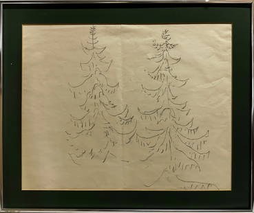 Charles Burchfield Pencil Drawing: Pine trees - frame: 24-1/4" x 20-1/4" | mat window: 16" x 20"