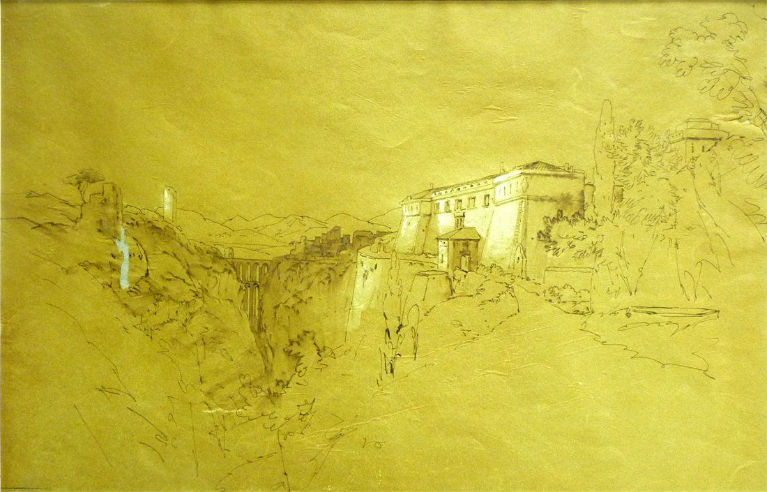 Edward Lear (1812 - 1888) - Sephia Watercolor: Artist: Edward Lear (1812 - 1888), British Title: Alpine Landscape with Aqueduct Medium: Sephia Watercolor Size: 12" x 18.9" Signature: Unsigned Inscrip