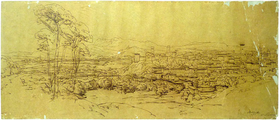 Edward Lear 1812-1888: Artist: Edward Lear (1812 - 1888), British Title: Alpine Land Florence Medium: Sephia Watercolor Size: 9" x 21" Signature: Signed