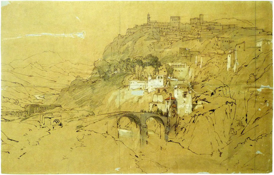 Edward Lear (1812 - 1888) - Sepia Watercolor: Artist: Edward Lear (1812 - 1888), British Title: Alpine Landscape with Aqueduct Medium: Sepia Watercolor Size: 11" x 17" Signature: Unsigned with provenance