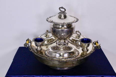 Goldfeder Silverware Co Lazy Susan Silver Plate Set: A gleaming masterpiece English silver plate serving set comprising of 1 large soup tureen with 3 serving dishes, 2 condiments and 1 salt shaker, all placed on a revolving service that can be filled