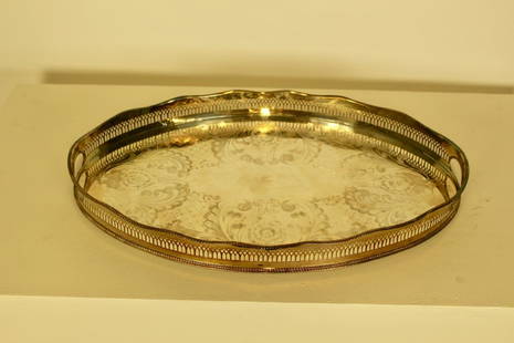 Oval Pierced Silver Plate Tray: Silver plate oval tray with pierced outsides made by the Cavalier company in England, 21"L x 14" W