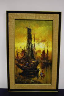 Dynamic Tall Painting of Fishing Boats: Dynamic Tall Painting of Fishing Boats, 22"W x 34"H