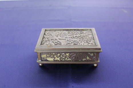 Tiffany Bronze and Glass Stamp Box: Tiffany Studios NY Original Bronze and Slag Glass Stamp Box. Serial Number 800. Grapevine pattern. 3"W x 4.3"H