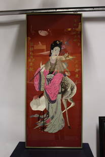 Very Large Antique Chinese Silk Framed Embroidery: Very Large Antique Chinese Silk Framed Embroidery of Woman with Deer, 27"W x 63"H