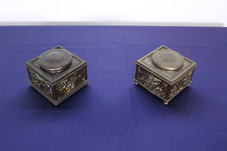 Rare Pair of Tiffany Bronze and Glass Inkwells: Rare Pair of Tiffany Studios NY Original Bronze and Glass Inkwells. Serial Number 844. Grapevine pattern. 4"W x 4"D x 3"H