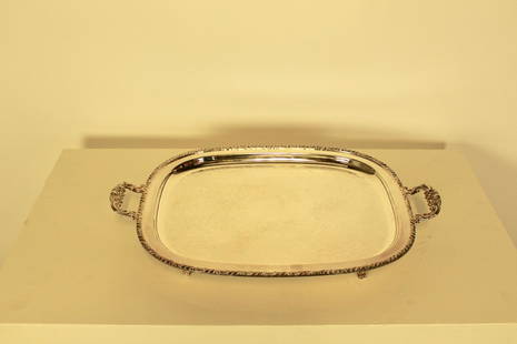 Large Silver Plate Rectangular Tray: Large Footed silver plate tray in a soft rectangular shape, 23"L x 15"W