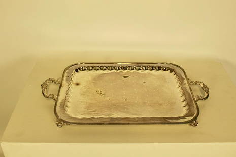 Old English Silver Plate Tray: Old English reproduction silver plate footed tray, 26"L x 15"W