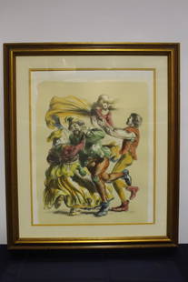 Limited Edition Lithograph of Dancing Peasants: Limited Edition Lithograph of Dancing Peasants, Signed and Numbered (cropped by matting), 27"W x 32"H