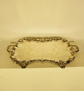 French Rococo Style Very Large Silver Plate Tray: Very large unmarked silver plate footed tray in the French Rococo style, 30"L x 19"W