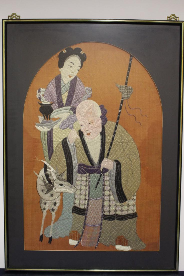 Framed Chinese Tapestry of Old Man and Woman (1 of 3)