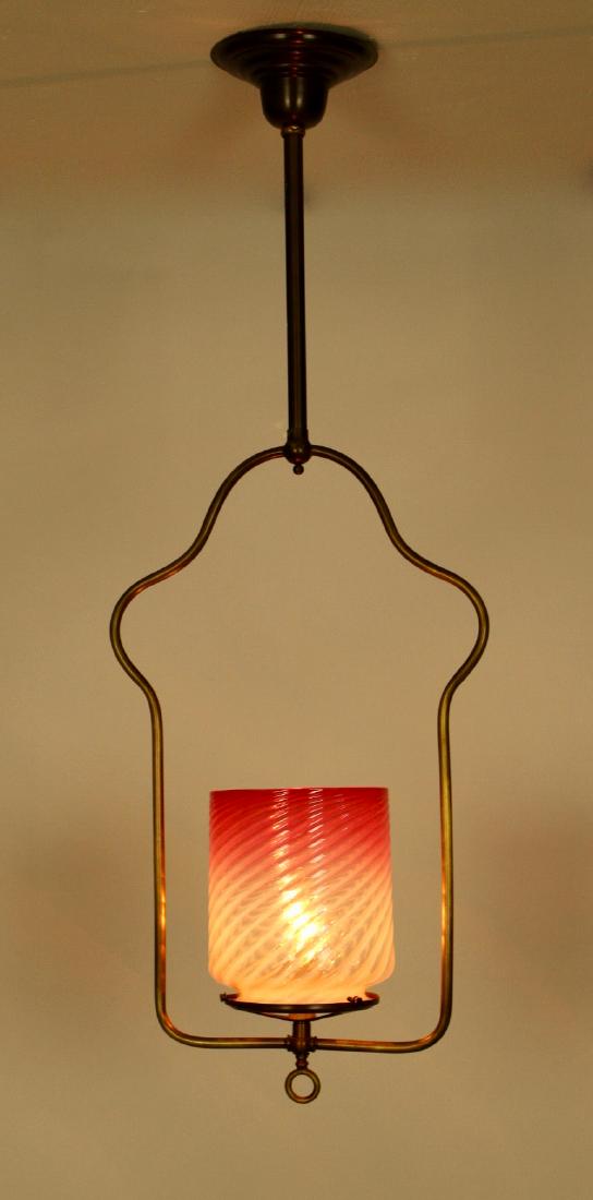 All Original Hall Harp Rare Shade: All original hall harp with rare pink to opalescent cranberry swirl shade, circa 1900, Measures 36"H x 10"D