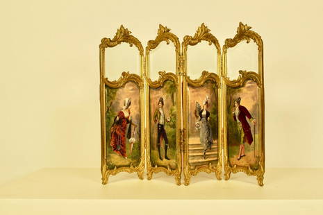 French Rococo 4-Panel Desktop Screen: French 4-Panel Desktop Screen in the Rococo Style Painted and Enamelled on Copper Panels, Circa 1910, Measures 20"L x 16"H