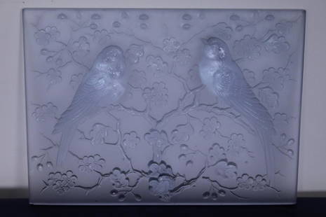 Unsigned Lalique Decorated Glass Tile: Unsigned Lalique Glass Tile decorated with 2 budgies on flowering branches. 10"L x 7.5"W x0.5"Thick