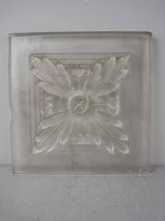 Ca. 1920 Glass tile attributed Lalique: Ca. 1920 Glass tile attributed to the late glass-designer Rene Lalique. Frosted and beveled featuring a flower/leaf in center. 10.25"Sq.