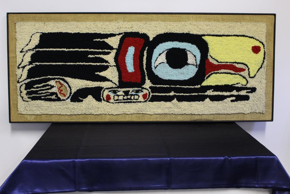 Linda Wilson Framed Punch Rug "Eagle Design": Linda Wilson Framed Inuit Punch Rug "Eagle Design", Dated 1976. It measures 50.5" L x 20.5" H x 1.25" Deep