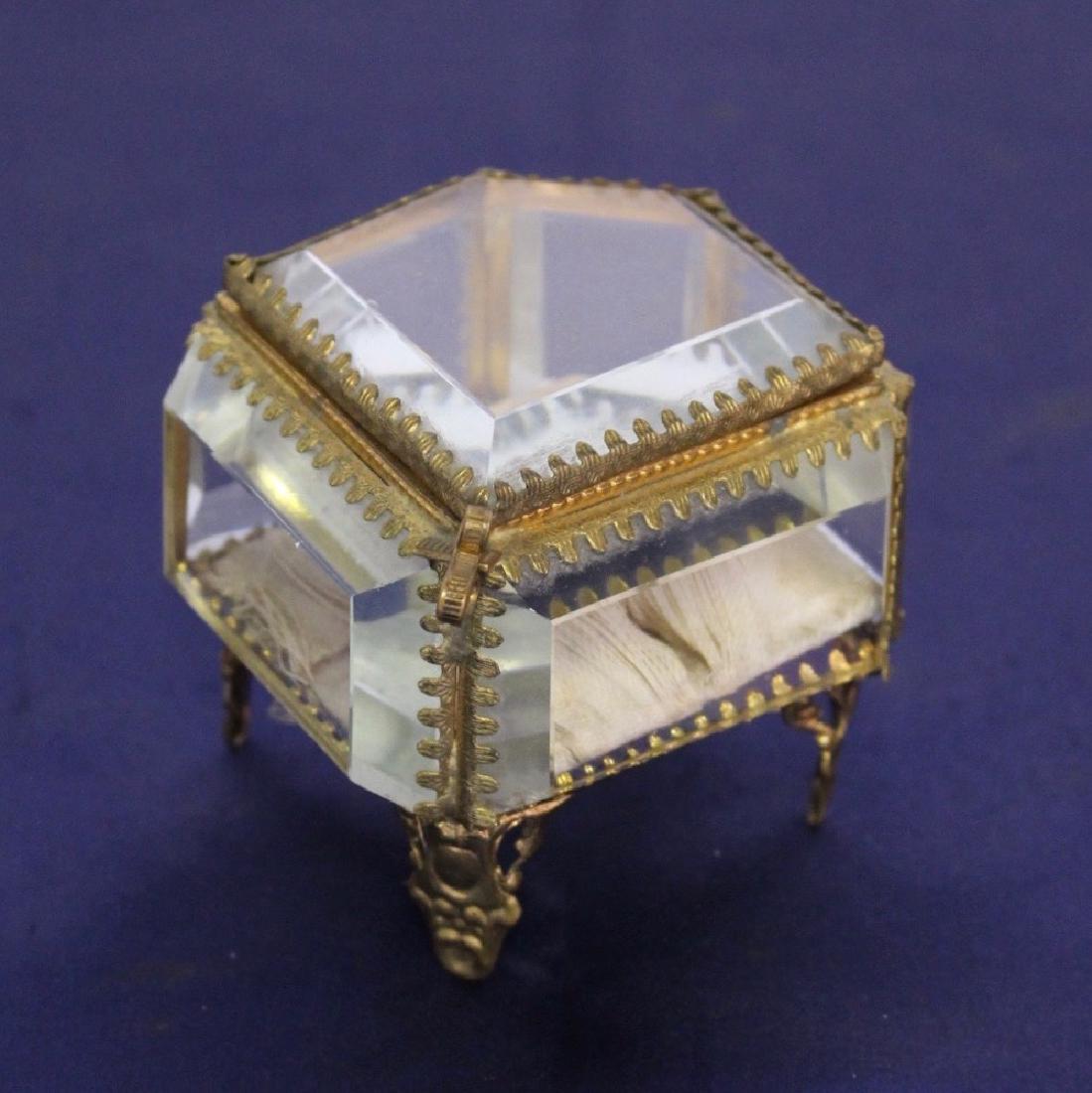19th Century Beveled Glass and Gold Jewelry Case: 19th Century Beveled Glass and Gold Jewelry Case, 2.5"W x 2.5"W x 2.5"H