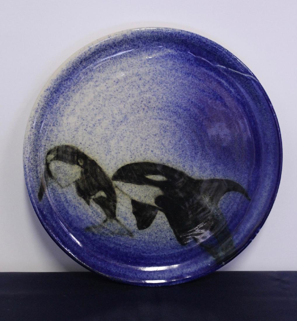 Orca Decorate Blue Ceramic Plate Signed M Claire (1 of 2)