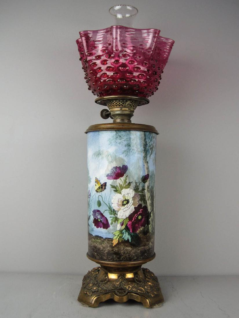 Ca.1880 Painted ormolu brass oil lamp with cranberry (1 of 9)