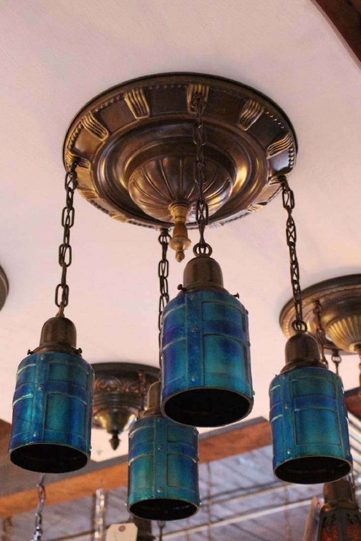 Edwardian Flush-mount with Cut-out Shades (4-light): Circa 1915. Edwardian flush-mount with blue glass cutout shades. (4- Light). Measurements: 20" x 18"